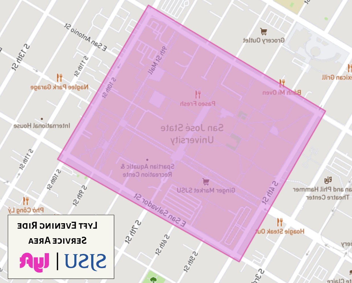 上海大学地图，粉色高亮的校园和附近地区，以显示lyft服务的边界