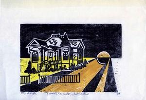 Steinbeck's House at Sunset woodcut in black and yellows.