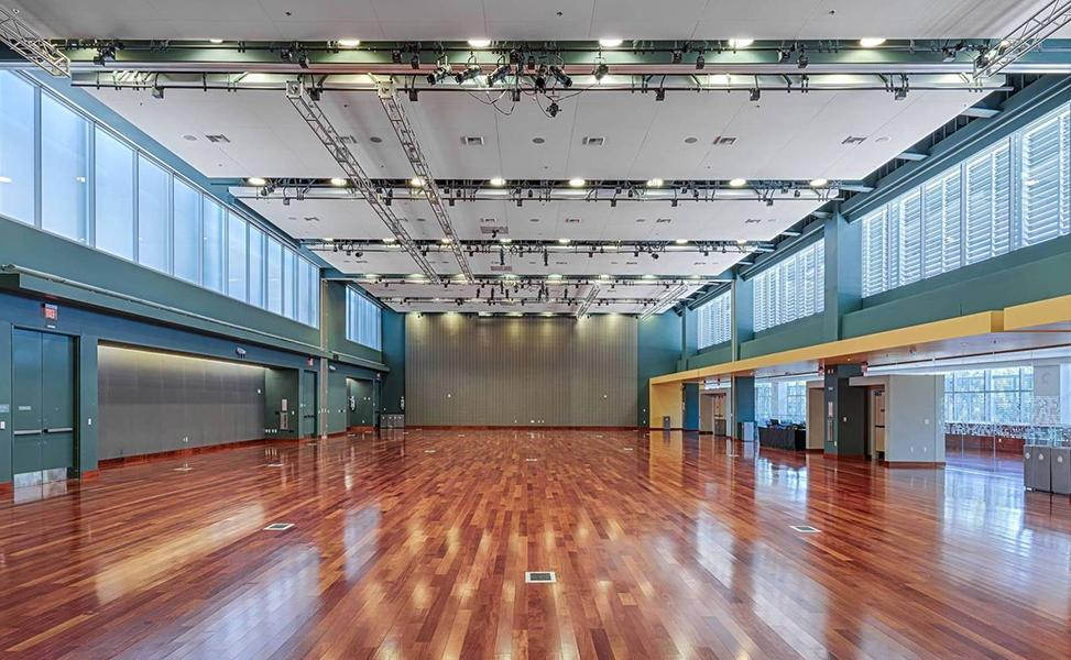 A picture of an empty ballroom inside the Student Union.