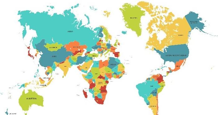一幅绘有彩色国界的世界地图