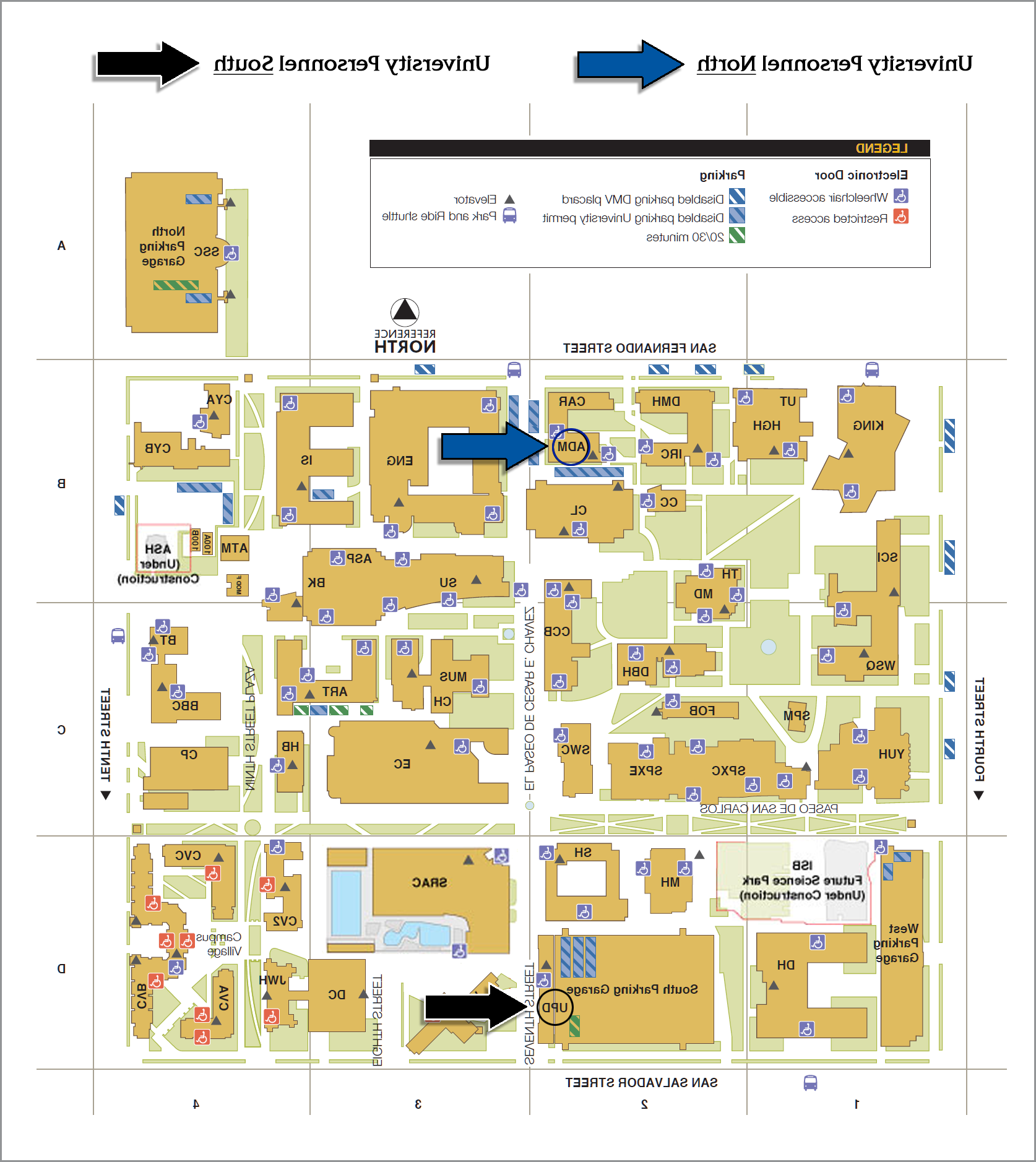 一幅地图，包含大学北部和大学南部人员的位置